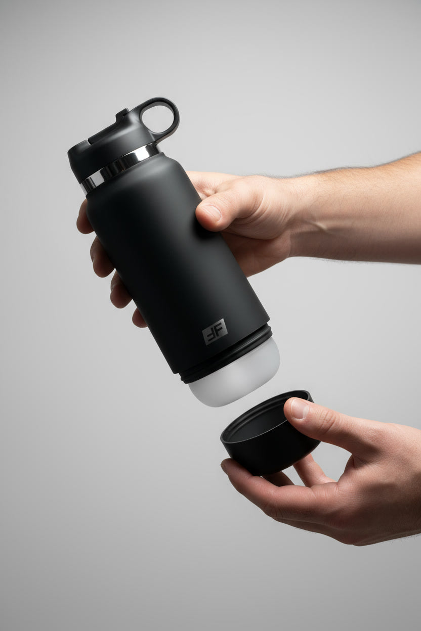 Black PDX Plus Fap Flask discreet masturbator by Pipedream, featuring a frosted, sleek, and minimal design for thrill-seeker pleasure.