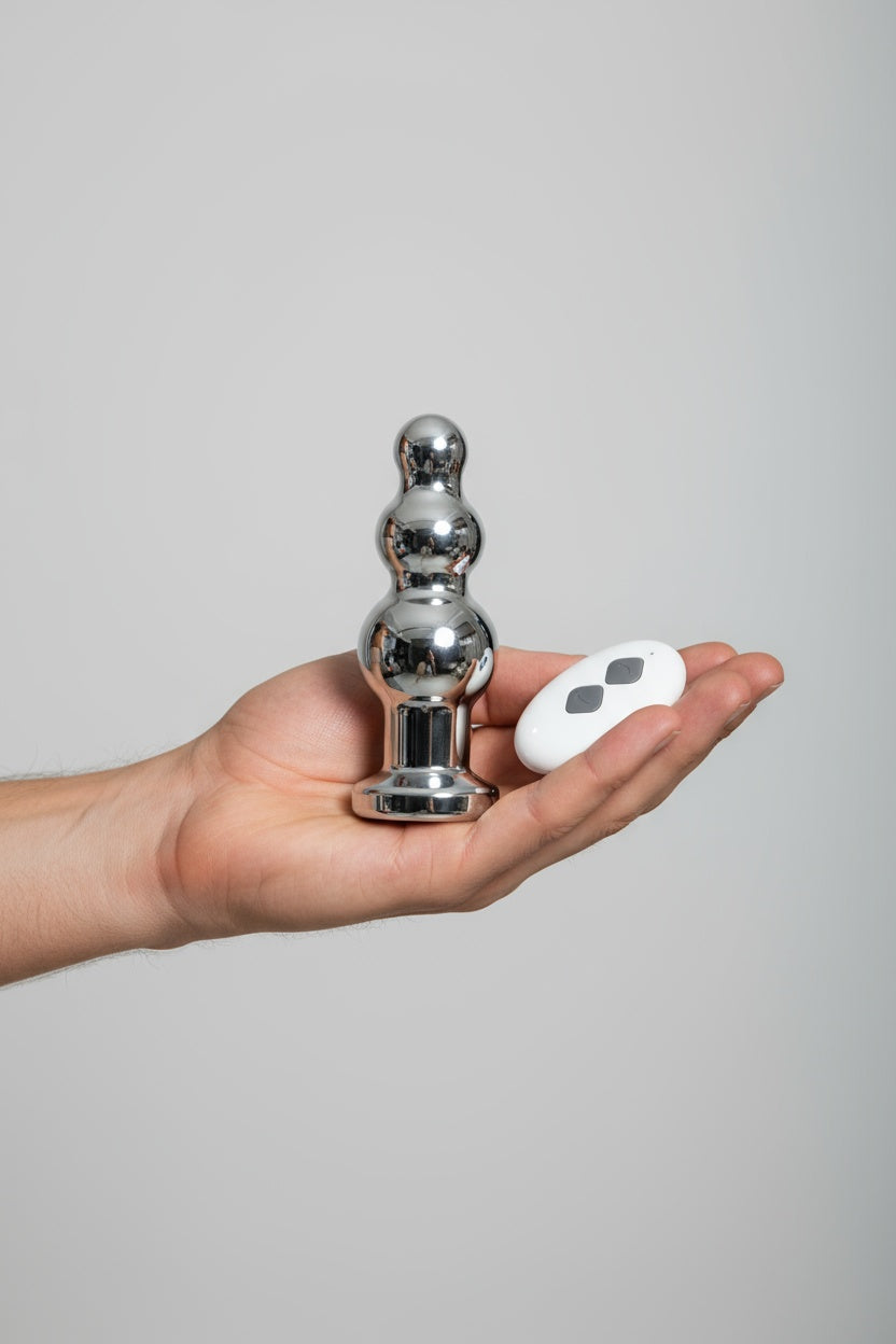 Toosh remote-controlled metal vibrating anal beads with 10 speeds and magnetic USB charger, sleek and discreet butt plug design.