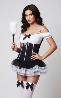 Boudoir Maid Costume with Stockings, Duster, and Puff Sleeves - Sizes S to L
