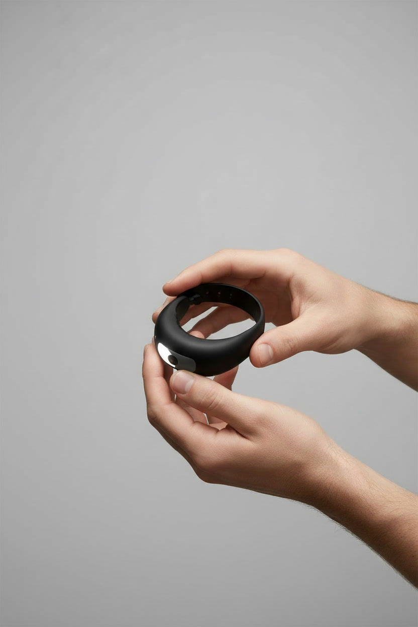 Scandals App Adjustable Cock Ring Strap with remote control vibrator on a light grey background, designed to enhance erection and pleasure.