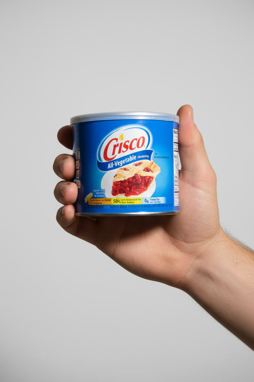 Crisco 453g premium vegetable oil lubricant held in a man's hand against a light grey background, ideal for extreme anal play.