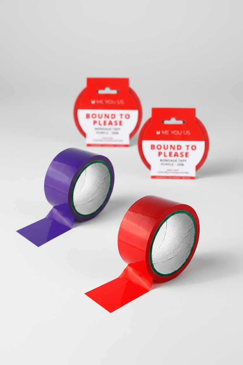 Me You Us bondage tape in purple and red, 20m PVC, latex-free, 2-inch wide, shown on a light grey background.