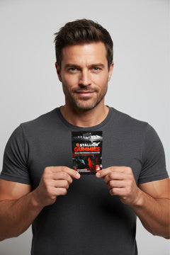 Stallion Gummies herbal supplement 6-pack with a man holding a gummy, displayed against a light grey background.