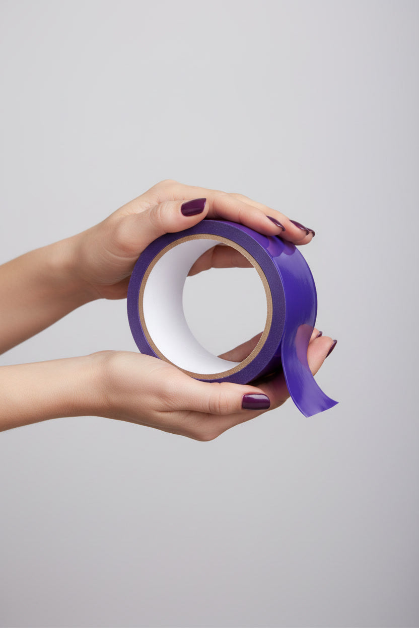 Hands holding purple and red Me You Us bondage tape, 20m PVC restraints, latex-free, 2-inch wide rope and tape for bondage play.