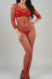 Sexy Full Body Fishnet Catsuit – Open Crotch Nylon Bodystocking with Matching Thong (Black, Red, White)
