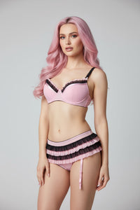 Underwired Bra & Mesh Brief Set – Pink Fluted Trim with Detachable Suspenders (Multiple Colours)
