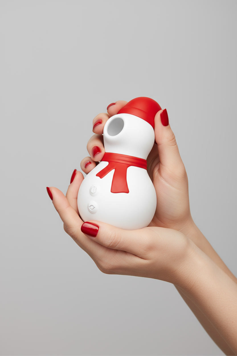 Scandals Christmas Snowman Rose clitoral vibrator held by woman’s hands against light grey background.