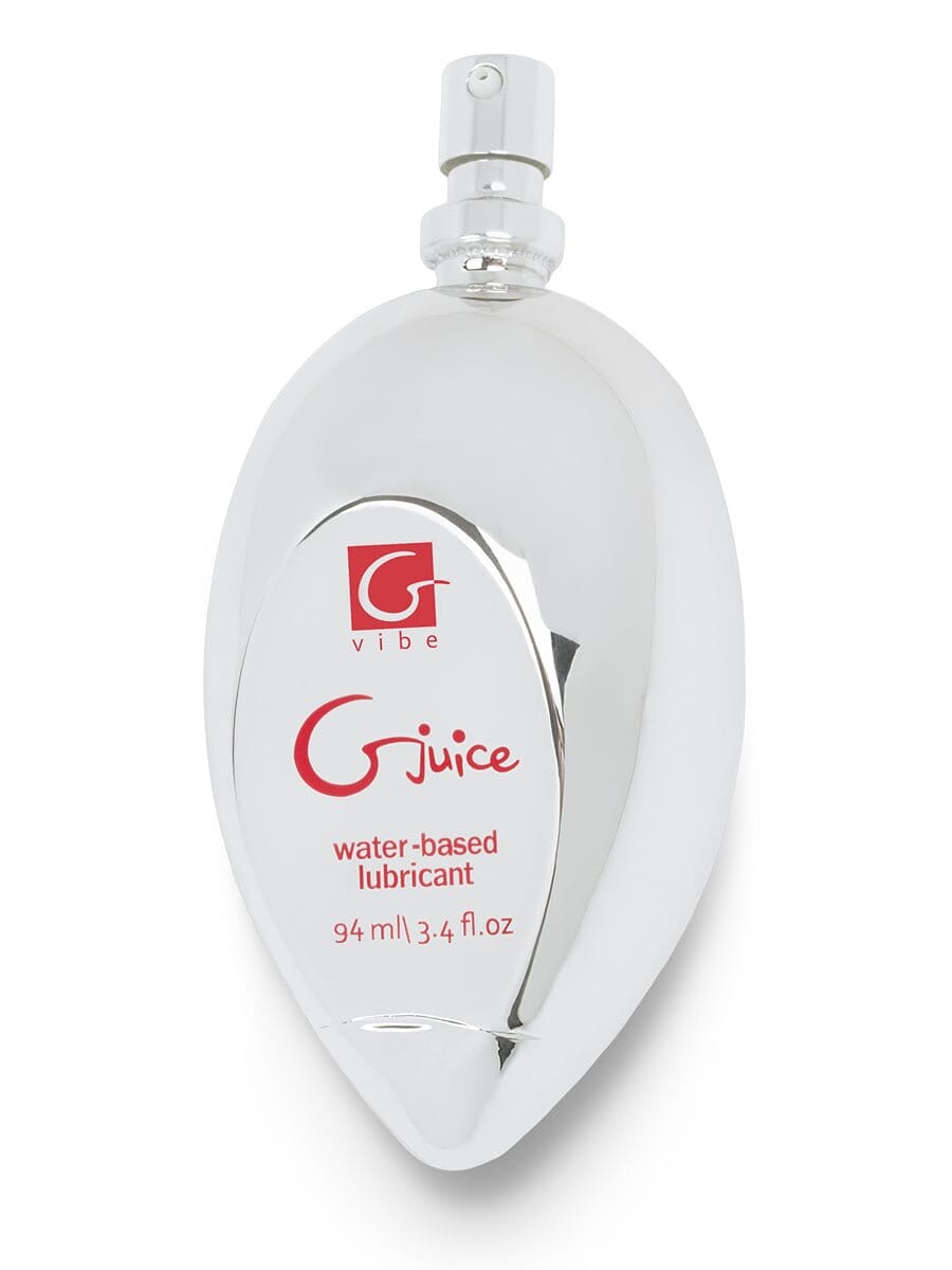 GVibe G Juice water-based lubricant in a clear bottle, showing smooth, transparent gel suitable for intimate use.