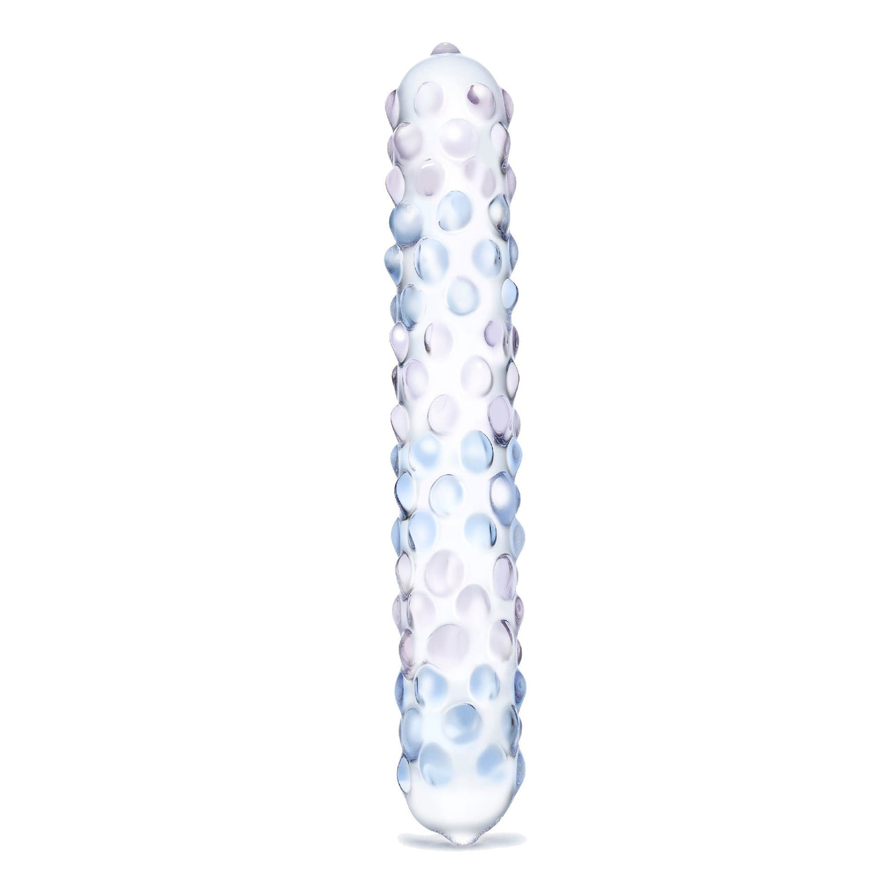 a white and blue glass object on a white background