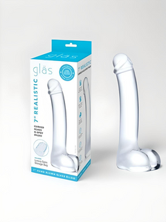 Chic packaging of the Glas Realistic Curved Glass G-Spot Clear 7 Inch Dildo, featuring a sleek design that complements the exquisite glass dildo inside.