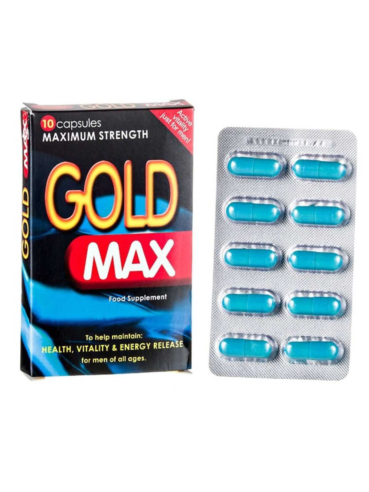 a pack of gold max pills next to a pack of blue pills
