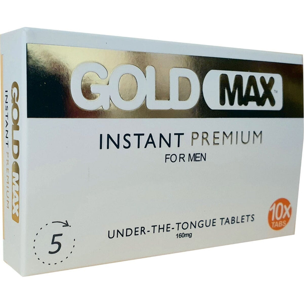 GoldMAX Instant Premium Male Tablet herbal supplement box with melt-in-mouth formula, featuring golden packaging and product branding.