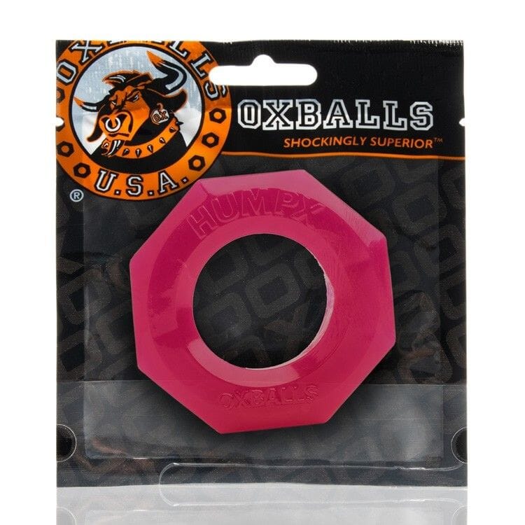 Pink OXballs HUMPX cockring in packaging, silicone strap with textured design for enhanced pleasure and support.