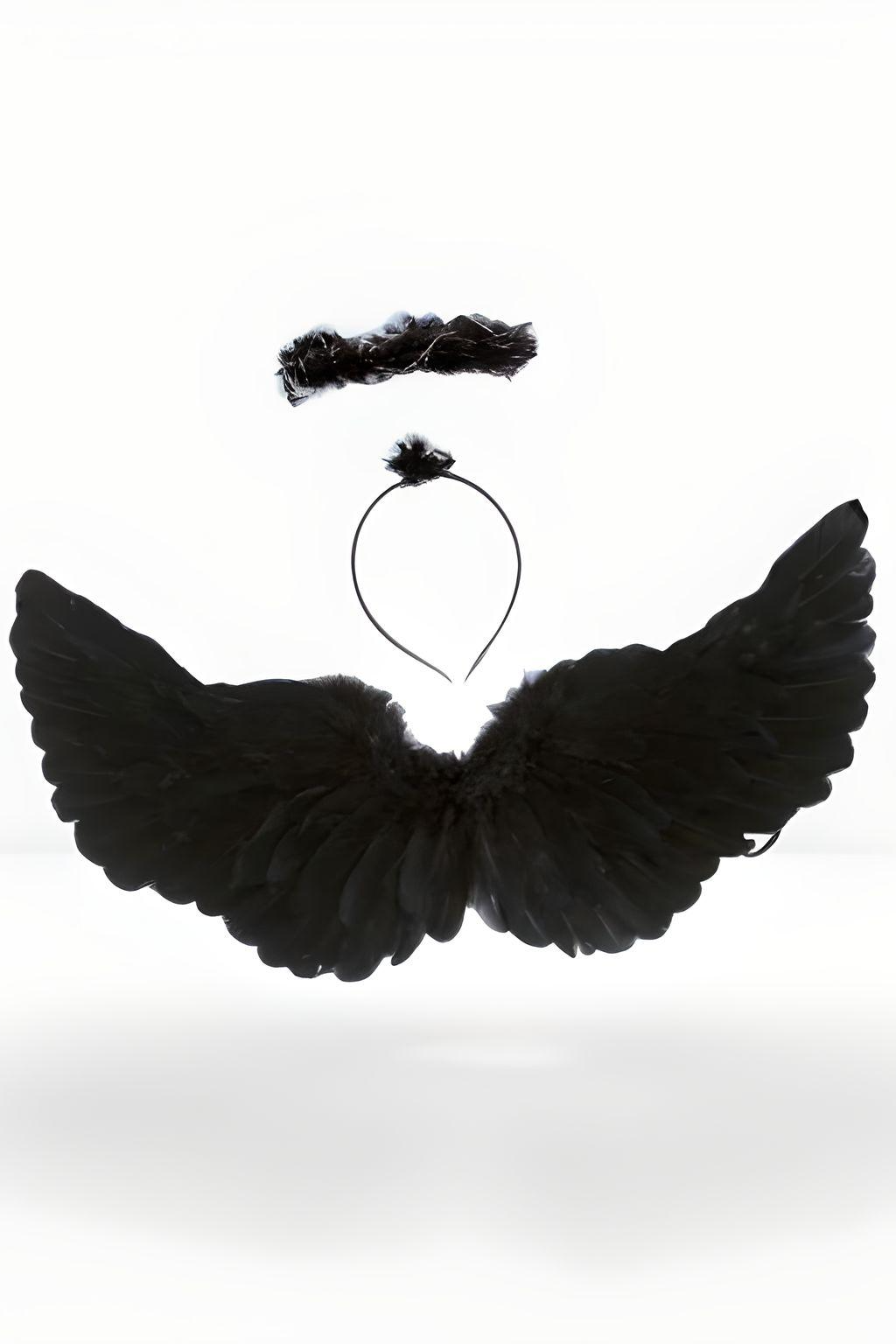 Luxury Black angel wings and halo for Halloween adults, perfect for a striking costume.