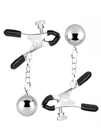 Luxury adjustable weighted nipple clamps crafted from skin-friendly metal. Featuring a sleek design with smooth black tips and shiny metallic weights for enhanced stimulation and comfort.