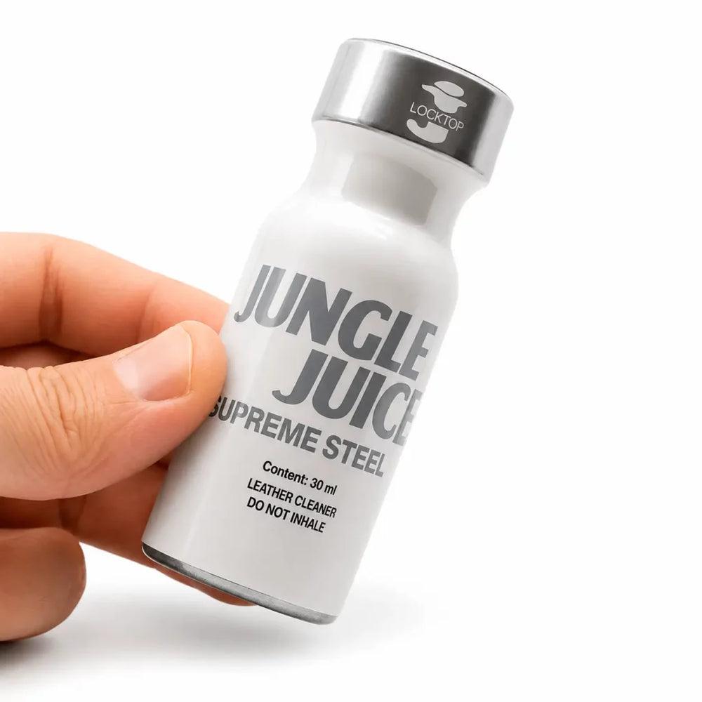 LockerRoom Jungle Juice Supreme Steel Aluminium Leather Cleaner 30ml bottle, showcasing the product with a sleek design and label.