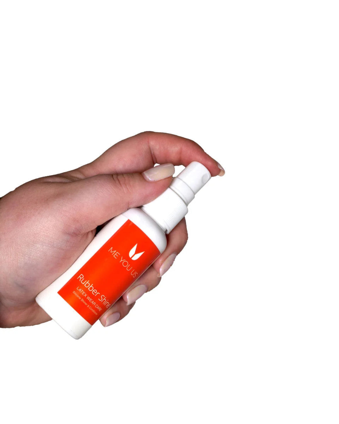 a hand holding Me You Us Rubber Shine Latex Wear Spray White 50ml