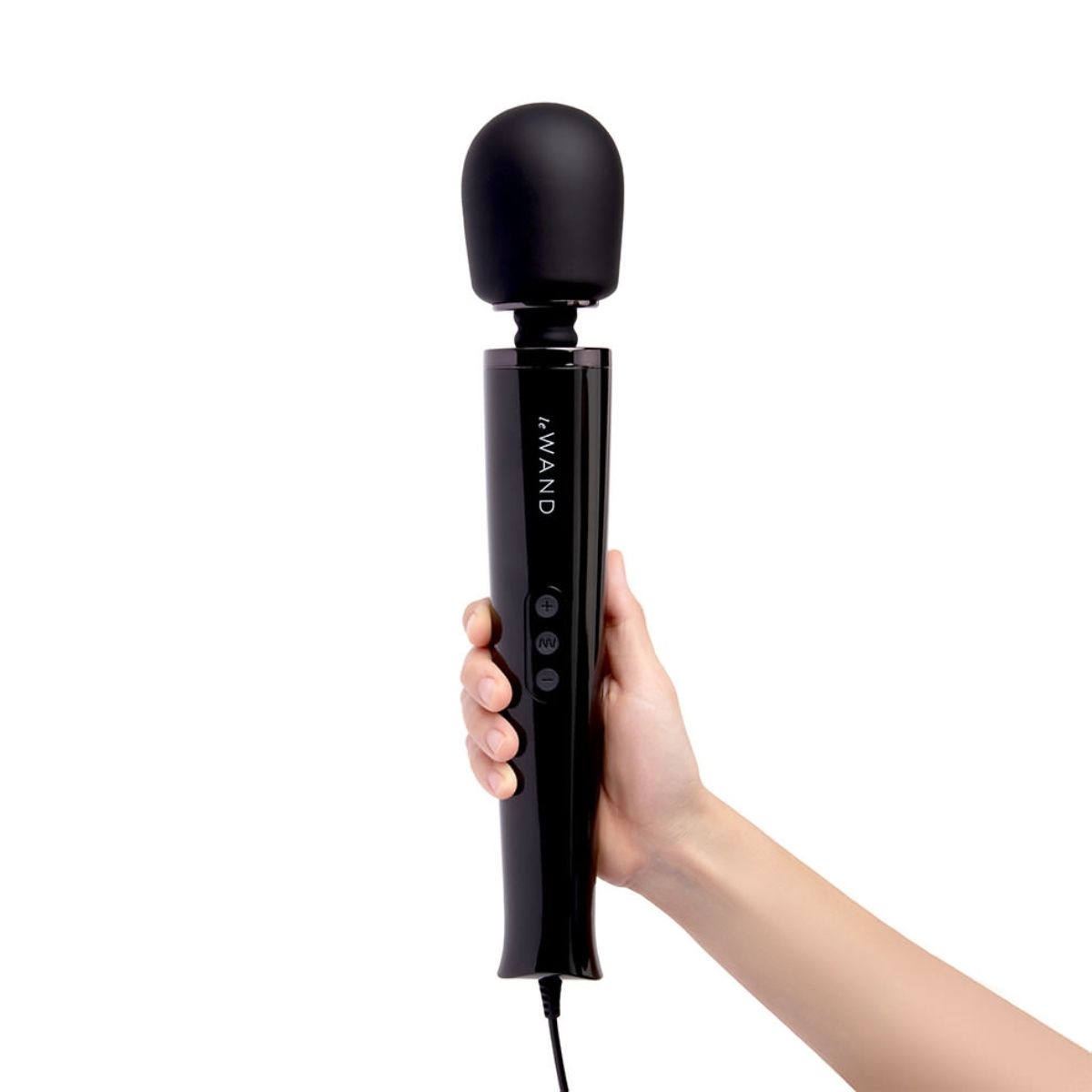 Black Le Wand Plug-In Vibrating Massager with ergonomic handle and multiple attachment options for targeted pleasure.