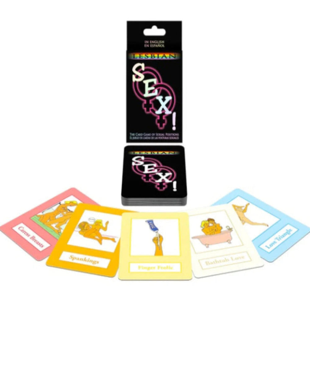 Lesbian sex card game by Kheper Games with colorful cards depicting fantasies, foreplay activities, and intimate positions.