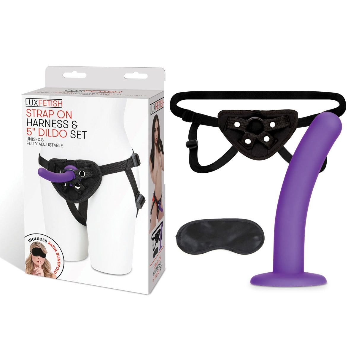 Lux Fetish Purple Strap On Harness & 5inch Dildo Set With Bullet Vibe Pocket & Satin Blindfold