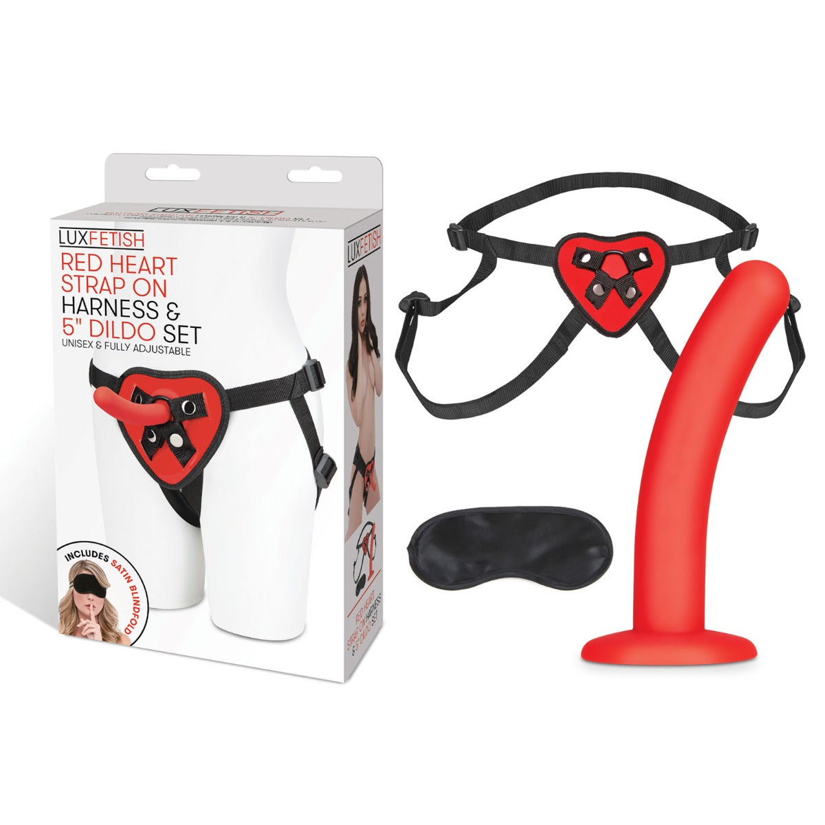 Lux Fetish Heart Strap On Harness & Dildo Set with Adjustable Fit and Satin Blindfold, 5 Inch Dildo