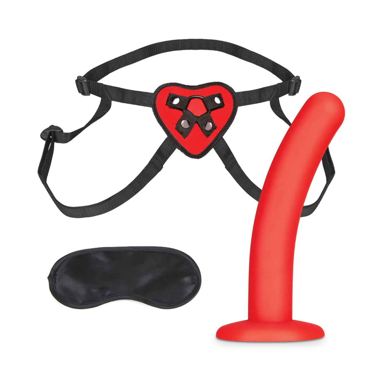 Lux Fetish Heart Strap On Harness & Dildo Set with Adjustable Fit and Satin Blindfold, 5 Inch Dildo