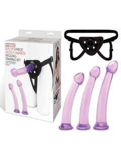 Lux Fetish 4-piece pegging training set with three dildos and adjustable harness for enhanced pleasure, featuring realistic strap-on design.