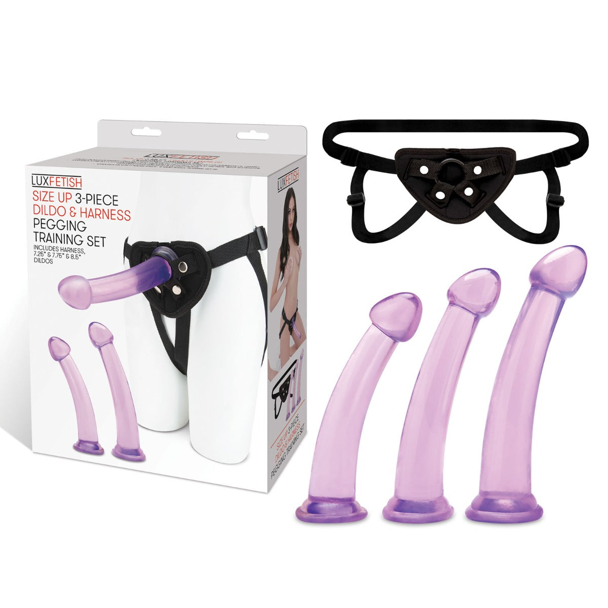 Lux Fetish 4PC Pegging Training Set With 3 Dildos & Adjustable Harness For Enhanced Pleasure