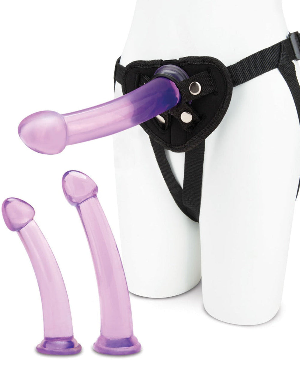 Lux Fetish 4-piece pegging training set with three dildos and adjustable harness for enhanced pleasure and comfortable wear.
