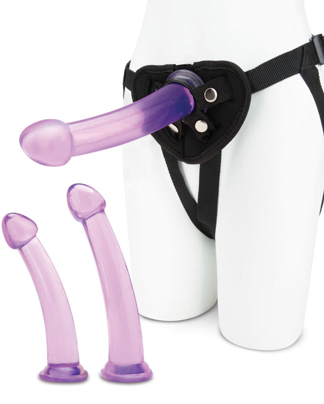Lux Fetish 4-piece pegging training set with three dildos and adjustable harness for enhanced pleasure and comfortable wear.