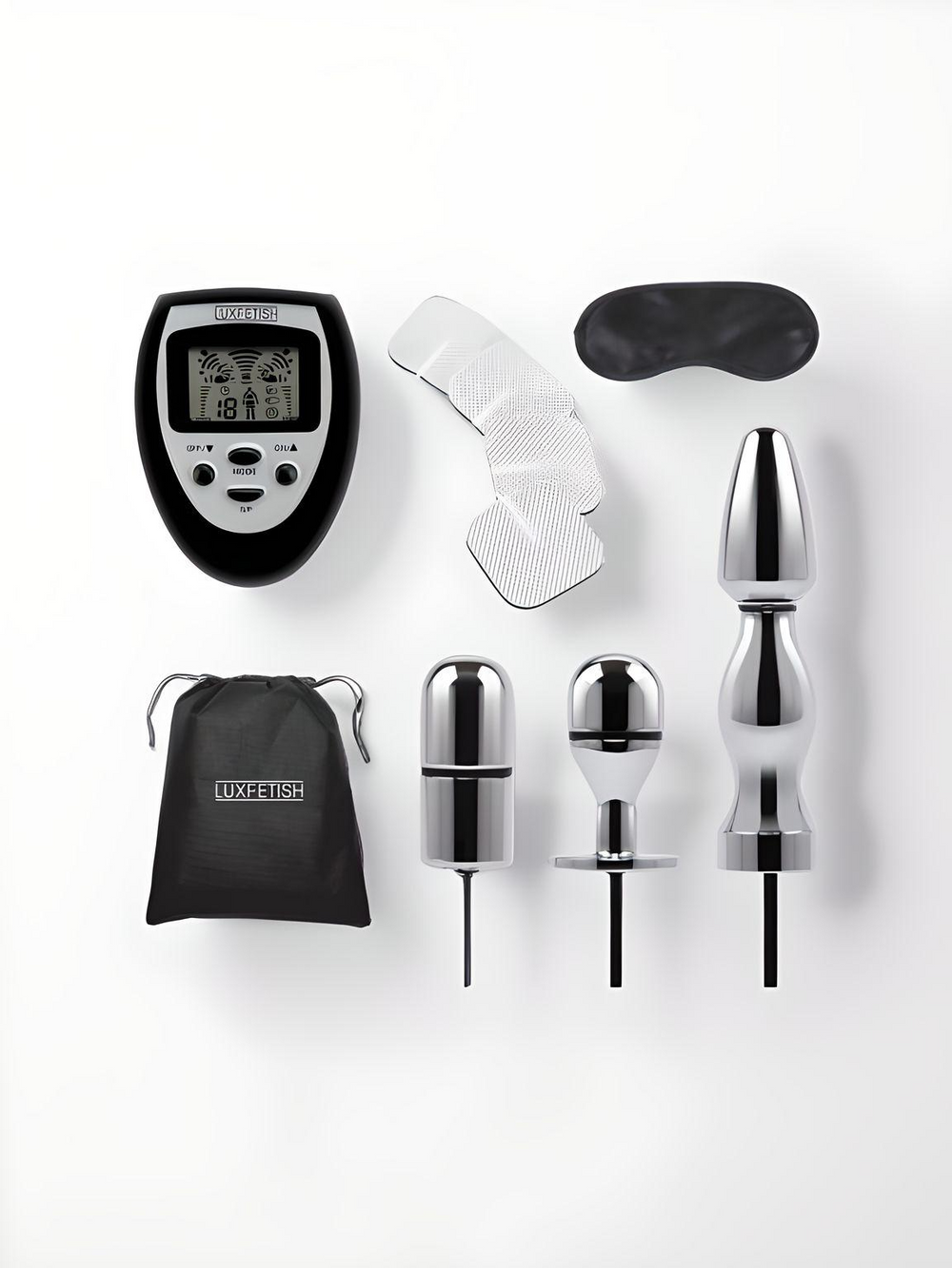 Lux Fetish 9-piece electro sex shock set featuring electric stimulation devices and accessories for immersive electro-sex experiences.