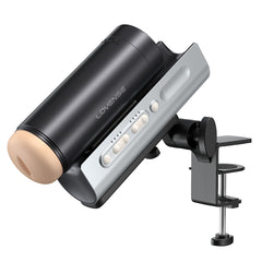 Lovense Solace Pro app-controlled masturbator with desk mount, AI sync, 300 strokes per minute, hands-free design, sleek black finish.