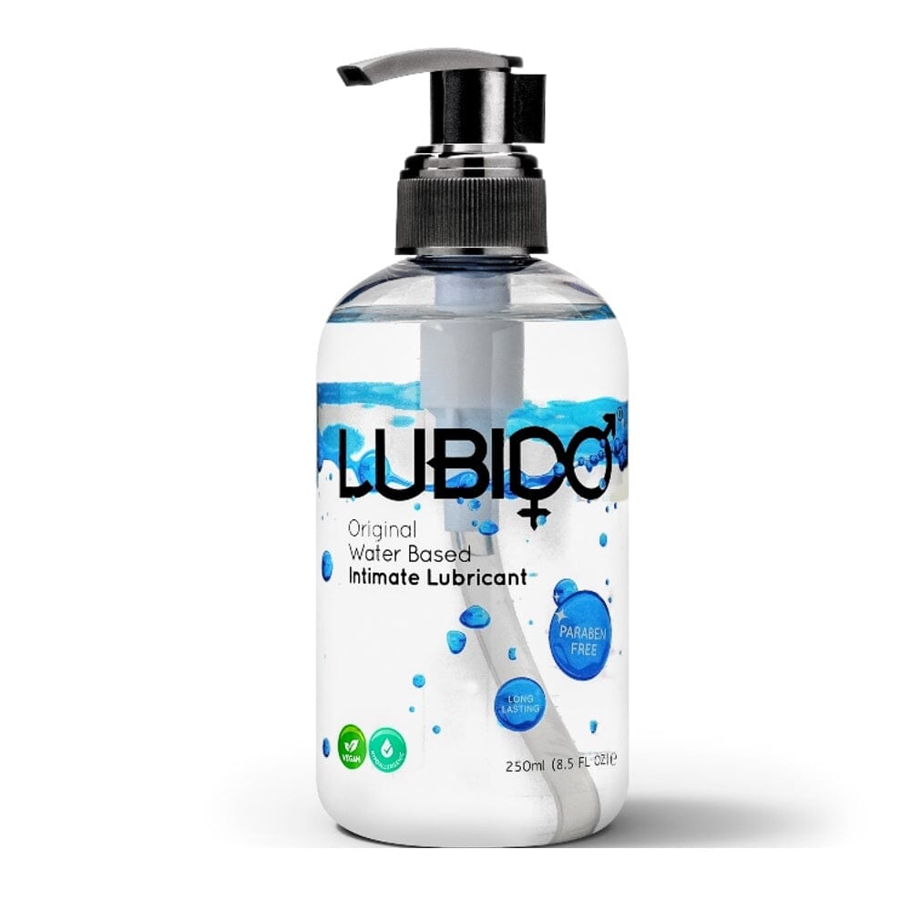 Transparent Lubido water-based lubricant bottle with clear liquid inside, shown in a close-up image.