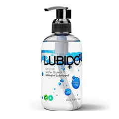 Transparent Lubido water-based lubricant bottle with clear liquid inside, shown in a close-up image.