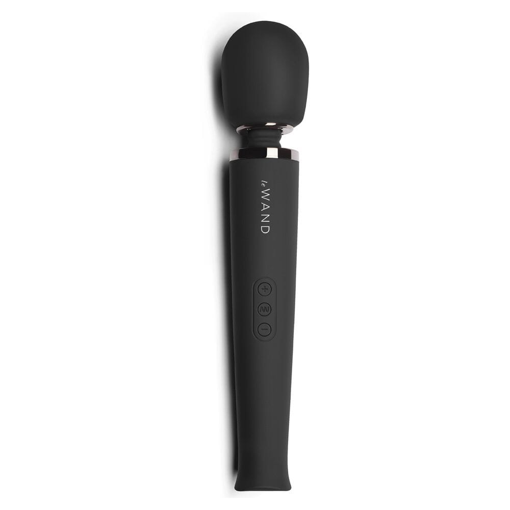 Le Wand Rechargeable Massager in black with attachments, handheld personal wellness device for soothing massage therapy.