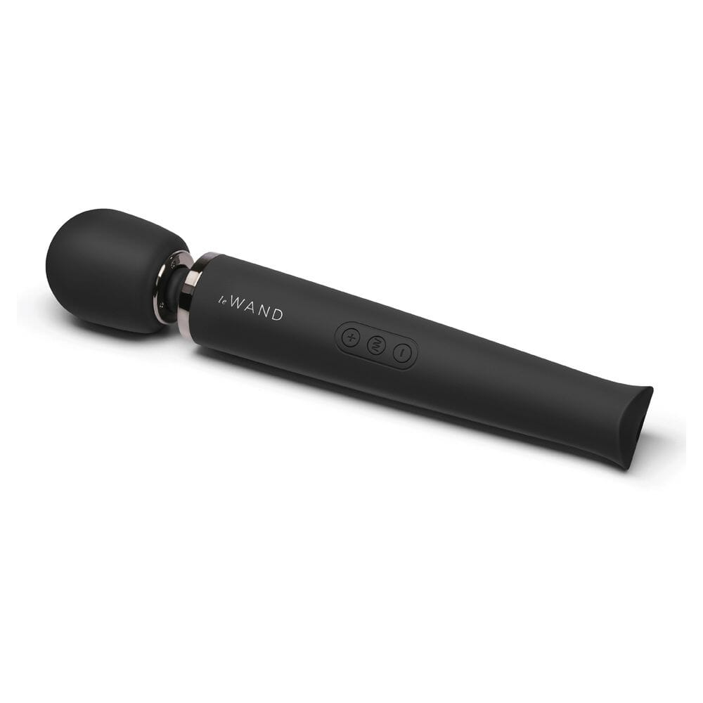 Le Wand Rechargeable Massager in black with attachment, showcasing ergonomic design and compact size for personal wellness.