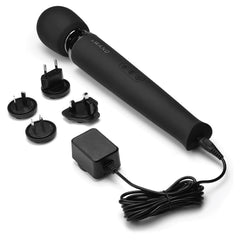 Le Wand Rechargeable Black Massager with attachment, showing the sleek black wand and removable head for personal use.