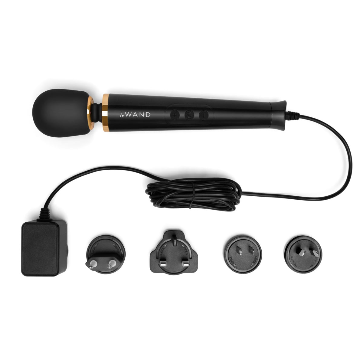 Le Wand Powerful Petite Plug-In Vibrating Massager accompanied by four interchangeable plug adapters, illustrating its global travel-friendly design.