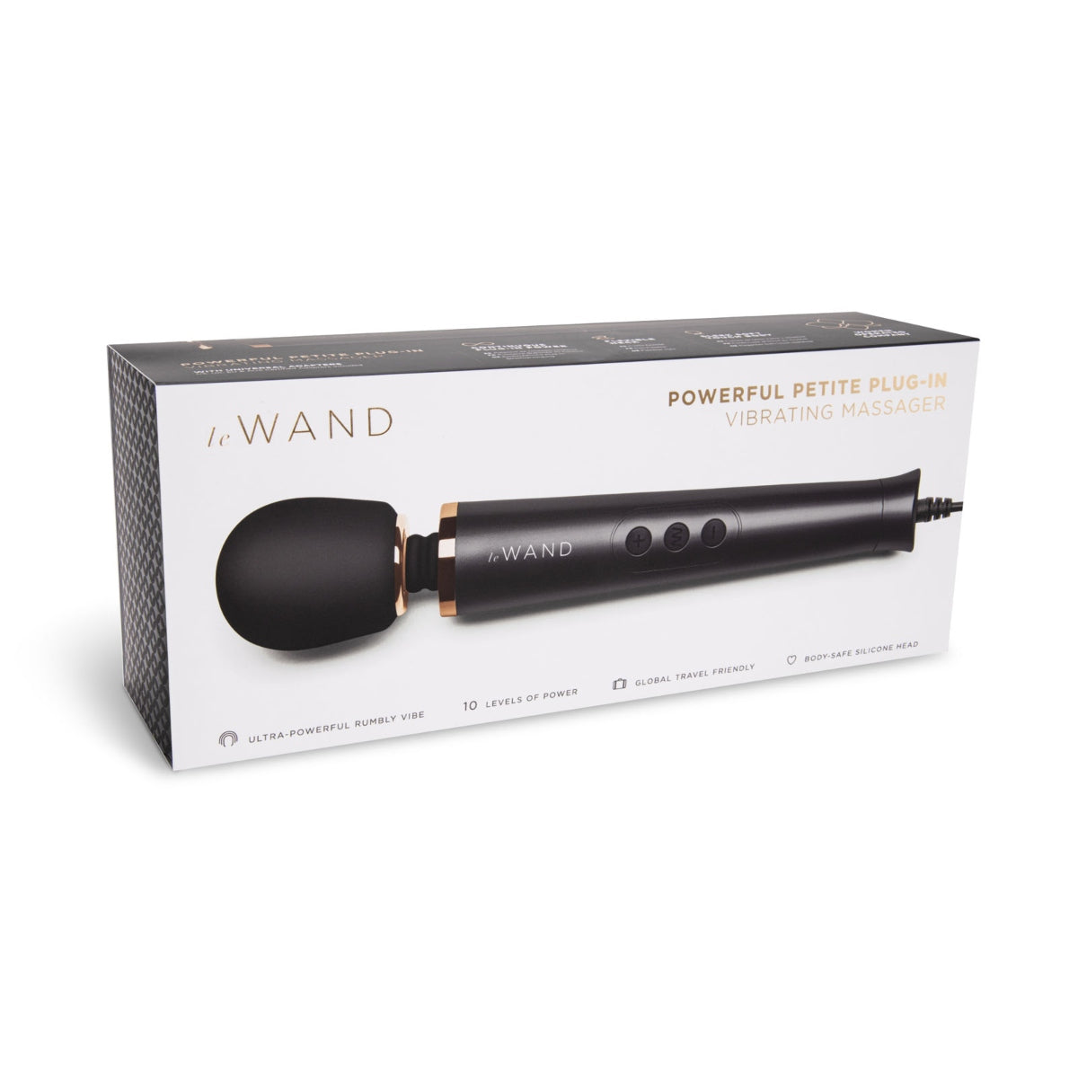 Luxurious packaging of the Le Wand Powerful Petite Plug-In Vibrating Massager featuring high-quality graphics and details about its powerful features.