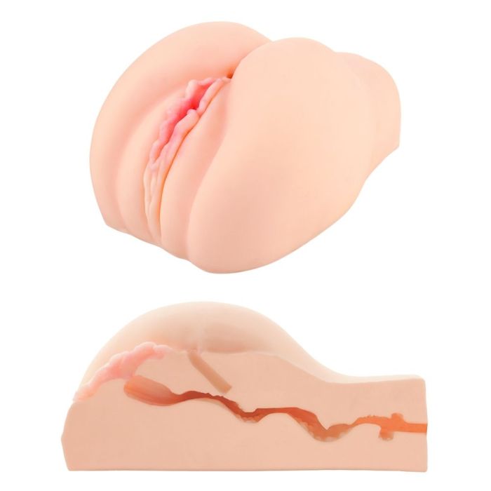 Premium realistic masturbator with lifelike vagina and ass openings, showcasing its design and internal structure for enhanced pleasure.