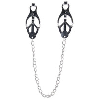 Striking design of black coated clover nipple clamps linked by a shiny chain, ideal for luxurious sensory experiences.