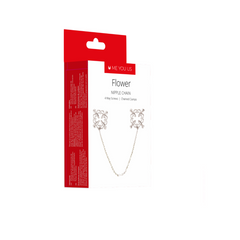 Me You Us flower design 4-way stimulating nipple clamps with chain, featuring decorative flower accents and adjustable tension.