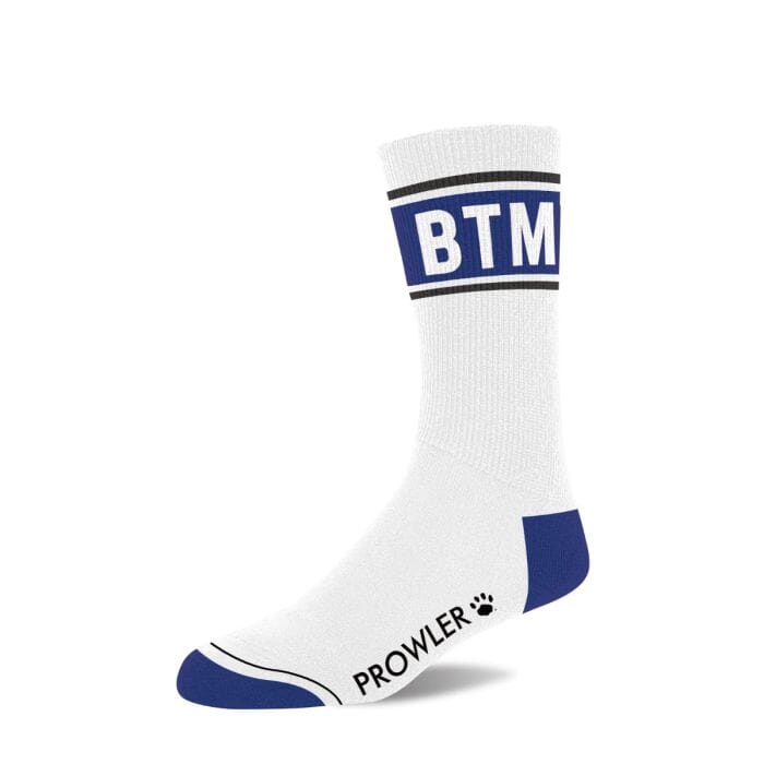 a white and blue socks with the words btm on it