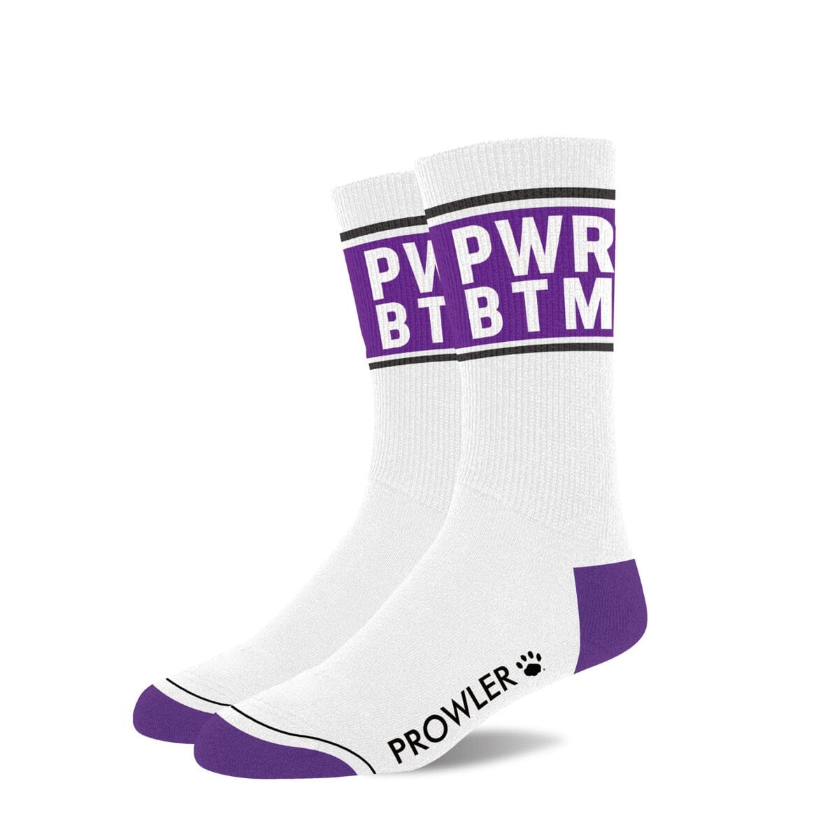 a pair of white socks with purple lettering
