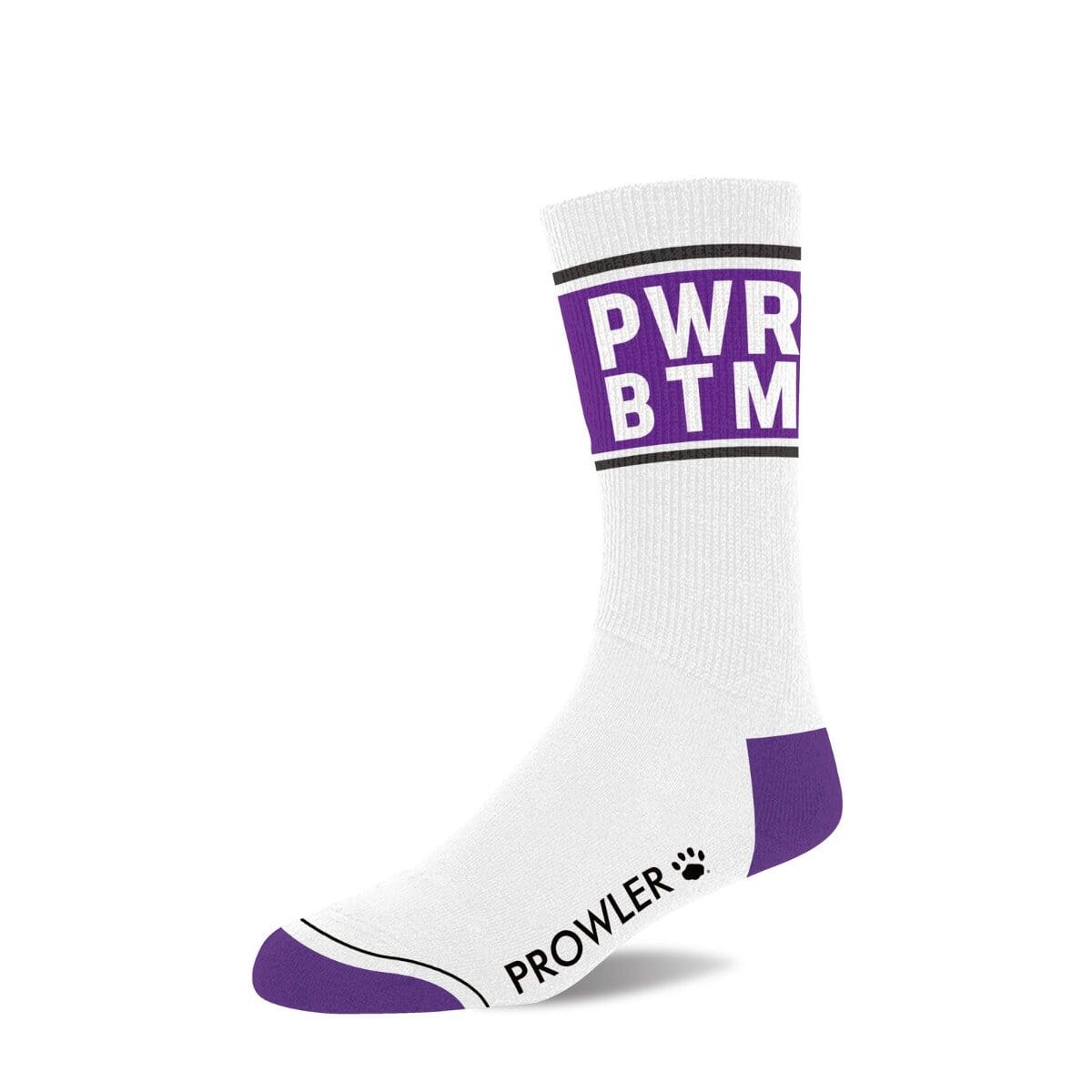 a purple and white socks with the words pwr btm on it