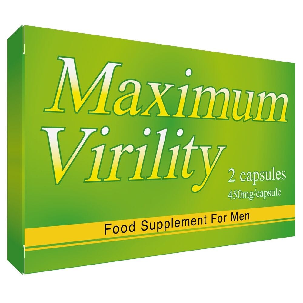 Herbal supplement bottle labeled Maximum Virility for men's aphrodisiacs and sexual enhancement, with natural herbal ingredients.