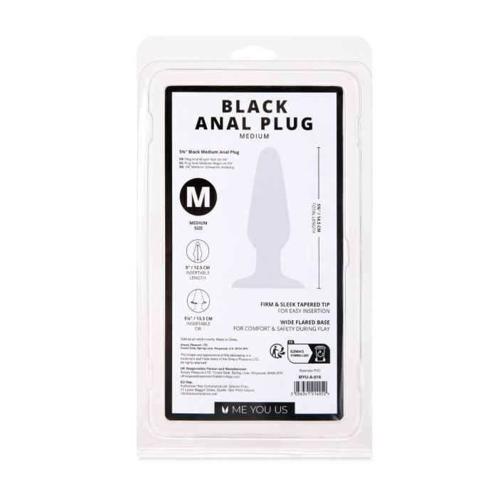 Me You Us Black Butt Plug, highlighting its comforting tapered design, perfect for first-time use.