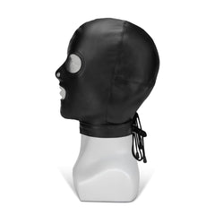 Black leather BDSM hood with cut-out eyes, nose, and mouth from Me You Us bondage and fetishwear collection.