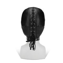 Black leather BDSM hood with cut-out eyes, nose, and mouth, designed for bondage and fetishwear by Me You Us.