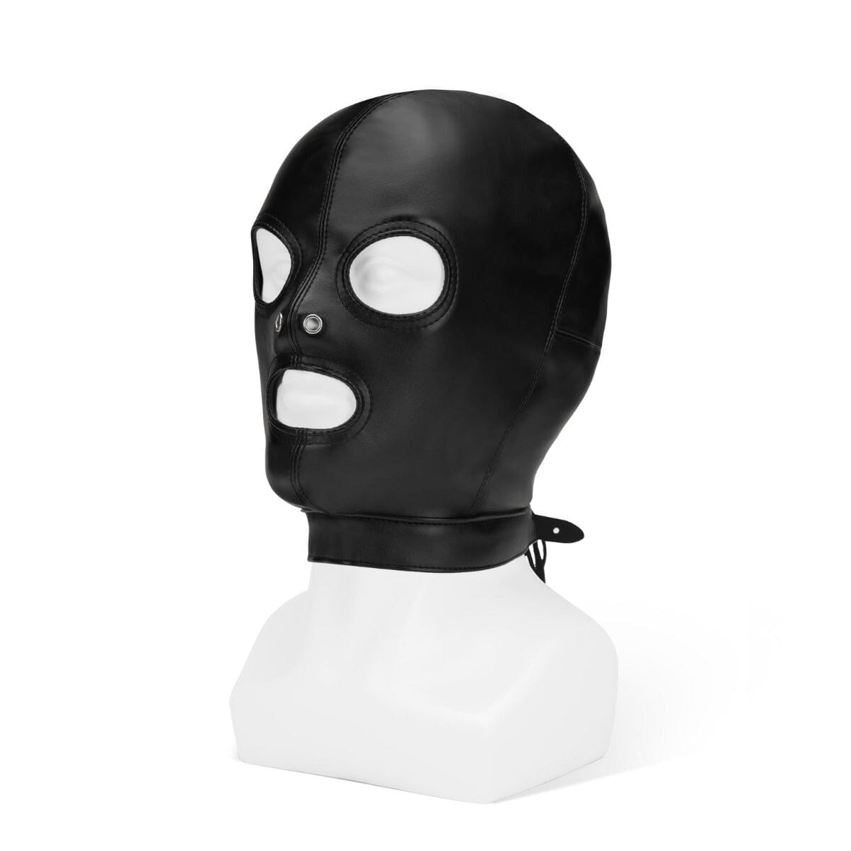 Black leather BDSM hood with cut-out eyes, nose, and mouth, designed for bondage and fetishwear by Me You Us.